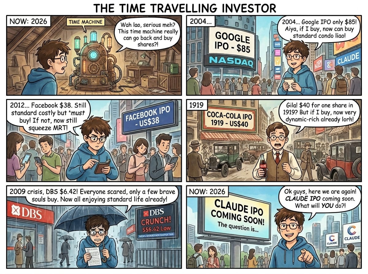 Comic: a time-travelling investor buying Google's 2004 IPO at $85, Facebook's 2012 IPO at $38, Coca-Cola's 1919 IPO at $40, and DBS during the 2009 crisis low of S$6.42 — arriving back at 'Claude IPO coming soon.'