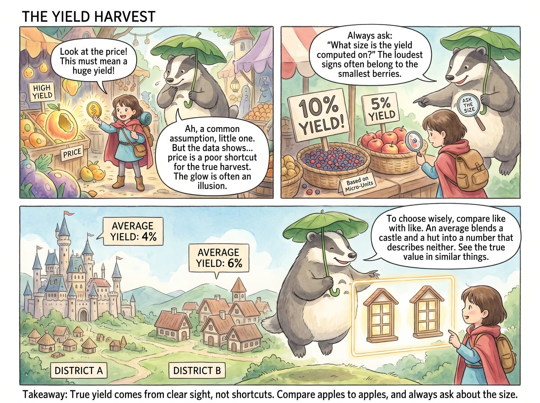 Comic: a badger explains that a high price doesn't mean a high yield, that the loudest yield signs often belong to the smallest units, and that comparing districts fairly means comparing like-sized homes rather than blended averages.