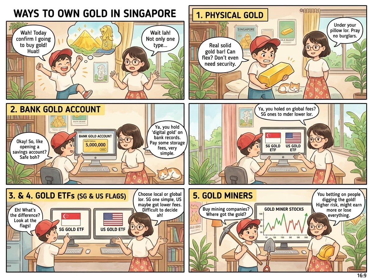 Comic: the five ways to own gold in Singapore — physical bullion, a bank gold account, SG and US gold ETFs, and gold miner stocks.