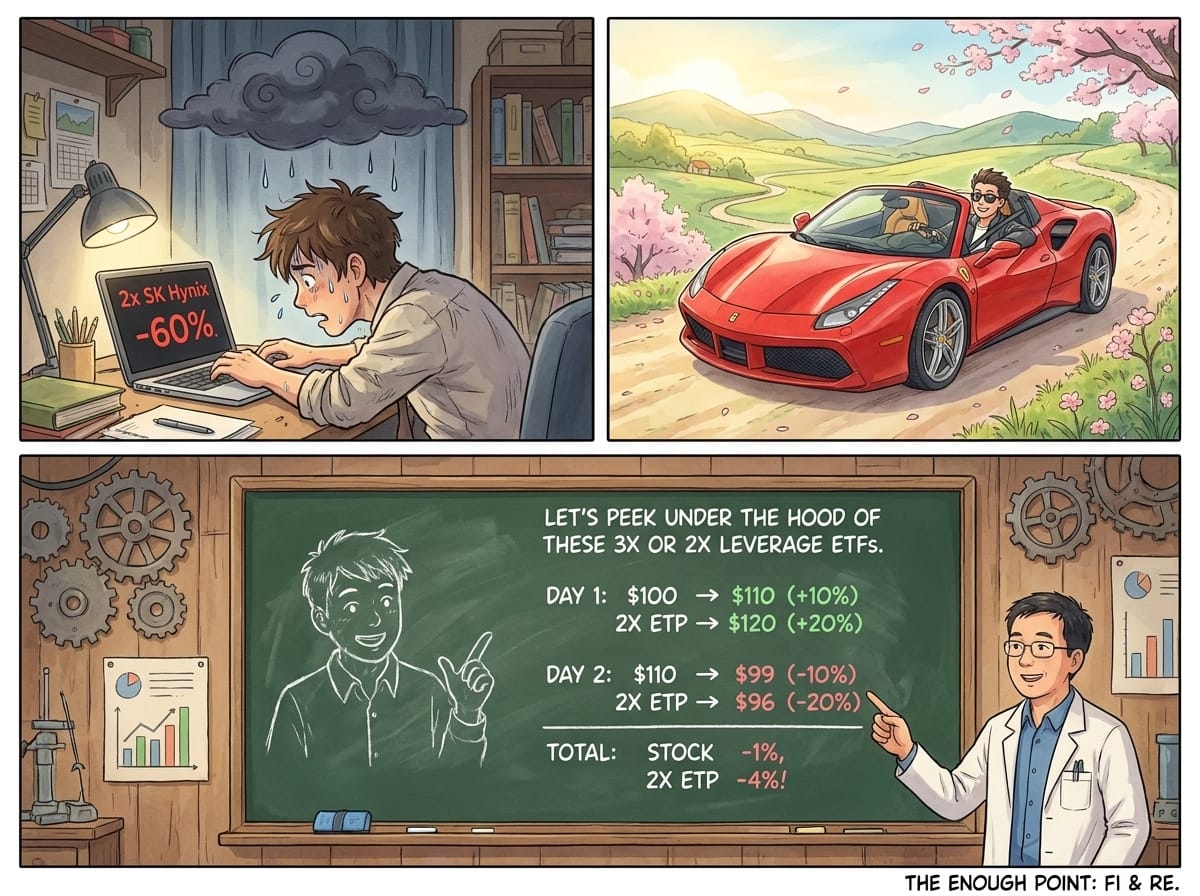 Comic: a leveraged ETF investor sweats over a -60% loss on 2x SK Hynix while another drives off in a Ferrari from a leveraged win; a chalkboard explains why — daily resets mean a stock down 1% over two days can leave a 2x ETF down 4%.