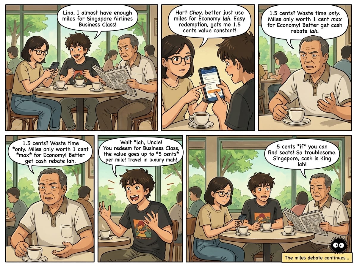 Comic: a kopitiam debate over what a KrisFlyer mile is worth — one cent for economy, five cents if redeemed for business class.