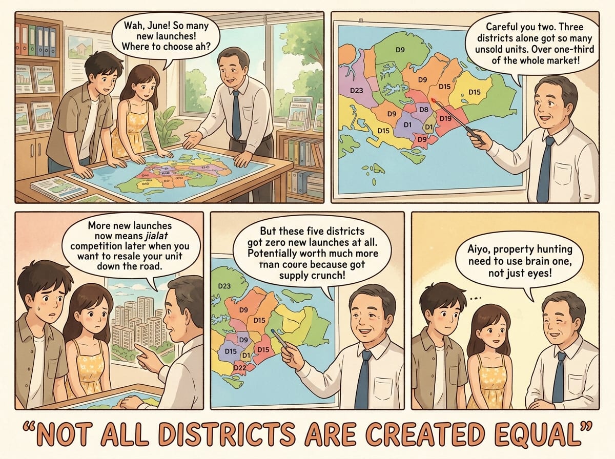 Comic: an agent showing that three districts hold over a third of Singapore's unsold new homes, while five other districts had zero new launches at all — not all districts are created equal.